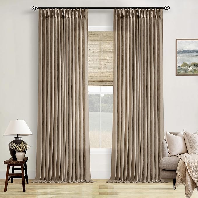 Tan Brown Linen Pinch Pleated Curtains 108 Inches Long 2 Panels for Living Room Bedroom Light Filtering Drapes 108 Inch Length Light Brown Latte Semi Sheer Memory Shape Trained Ceiling Floor Curtain