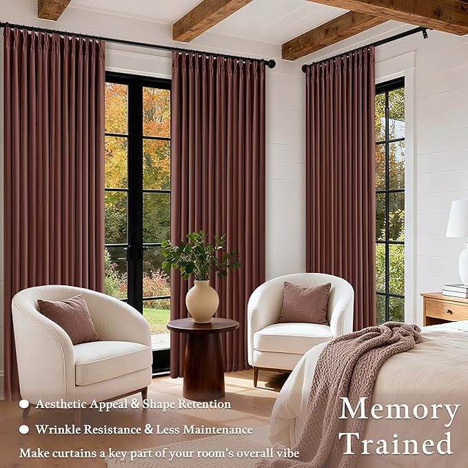 Red Brown 80 Inch Pinch Pleated Black Out Curtains 2 Panel Set for Living Room Pinch Pleat Linen Drapes with Liner 80 Inches Long 100% Blackout Light Blocking Energy Saving Curtain for Dining Bedroom
