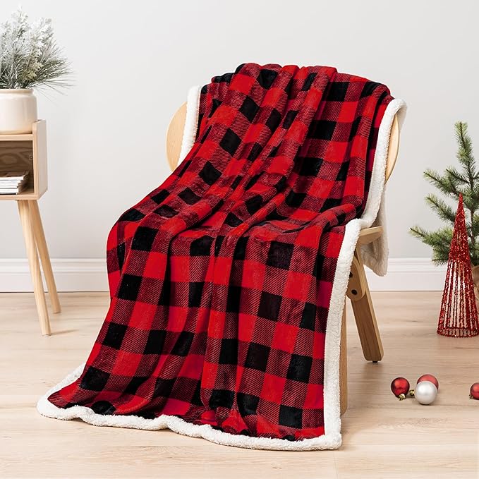 PAVILIA Black and Red Buffalo Plaid Sherpa Throw Blanket for Couch Twin, Soft Fuzzy Flannel Blanket for Bed, Plush Checkered Fleece Blanket and Throws, Warm Thick Winter Blanket Gift, 60x80