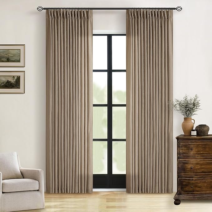 Pinch Pleated Neutral Linen Curtains 84 Inches Long 2 Panels Set for Living Room Dining Pinch Pleat Back Tab Light Filtering Farmhouse Boho Retro Window Curtain Drapes 84 Inch Length Latte Tan Brown