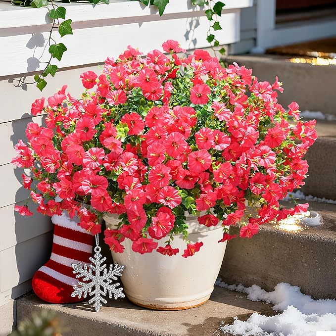 Fake Plants Artificial Flowers for Outdoor Outside Decor, 12 Bundles Faux Flowers Silk Hot Pink Morning Glory with Eucalyptus Look Real UV Resistant Faux Greenery for Planter Front Door Porch Patio
