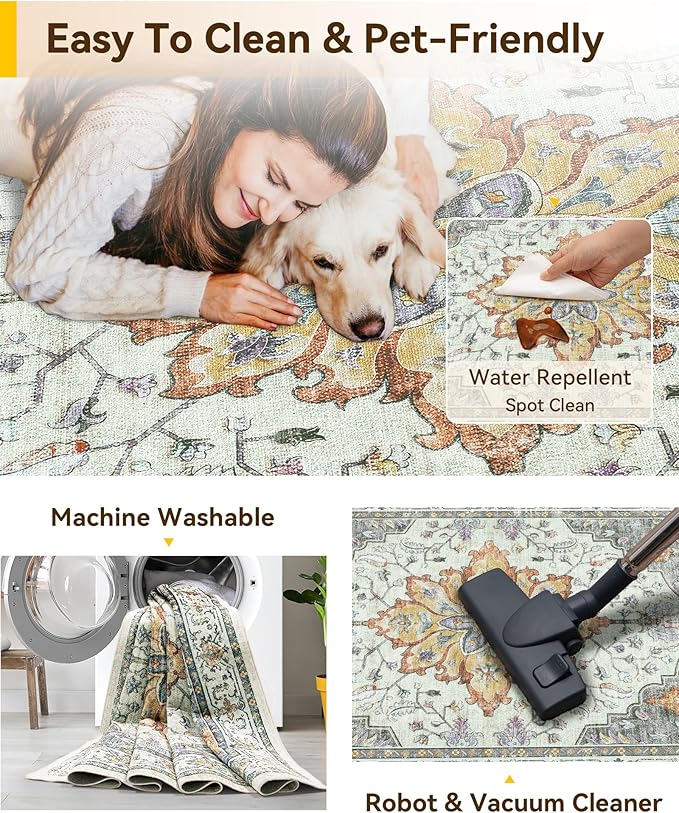 Area Rugs 5'x7' Washable Non-Slip, Floral Vintage Distress Print Pattern Medallion Carpet for Living Room Bedroom Dining Room, Light Yellow Carbon Grey Orange