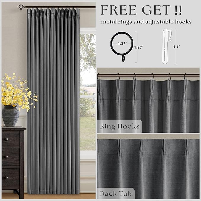 Dark Grey Pinch Pleated Blackout Curtains 108 Inches Long for Bedroom 100% Black Out Thick Linen Dual Layer Pleated Drapes Farmhouse Country Charcoal Gray 108 Inch Curtain for Dining Living Room