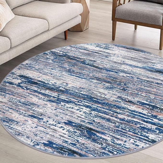 6' Round Rug Washable Rug for Entryway, Navy Blue Gray Neutral Multi Soft Non-Slip Area Rugs Modern Abstract Low-Pile Carpet, Neutral Vintage Circle Rugs for Living Room Dining Bedroom Foyer
