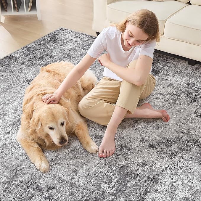 Square Area Rug Living Room Rugs - 8x8 Washable Large Soft Indoor Neutral Modern Abstract Low Pile Rug Carpet for Bedroom Dining Room Farmhouse Home Office - Grey