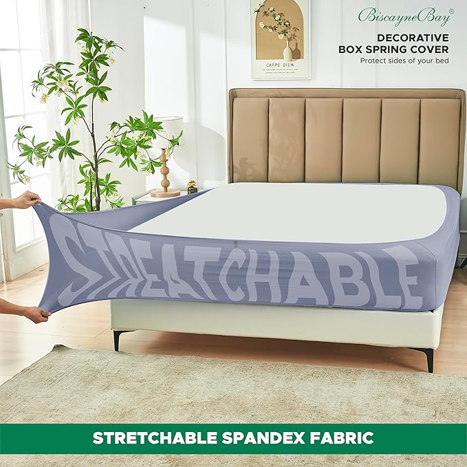 Biscaynebay Decorative Box Spring Cover Full & Full XL Size, Silver Grey Luxurious Jersey Knitting Stretchy Wrap Around 4 Sides Bed Skirt for Home/Hotels, Easy Fit Wrinkle & Fade Free Machine Washable