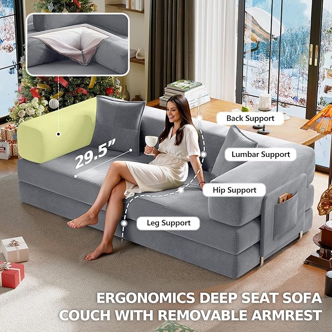 78.8" Convertible Futon Sofa Bed,Corduroy Futon Couch with Storage Pocket,Folding Pull Out Sofa,No Assembly Boneless Couch for Living Room,Grey