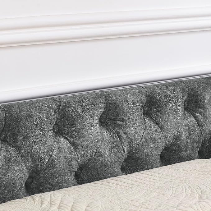 Favfurish Queen Size Daybed with Two Drawers, Upholstered Tufted Sofa Bed with Button on Back and Copper Nail on Waved Shape Arms for Small Space,Livingroom,Bedroom,Grey (84.5"x63.5"x26.5")
