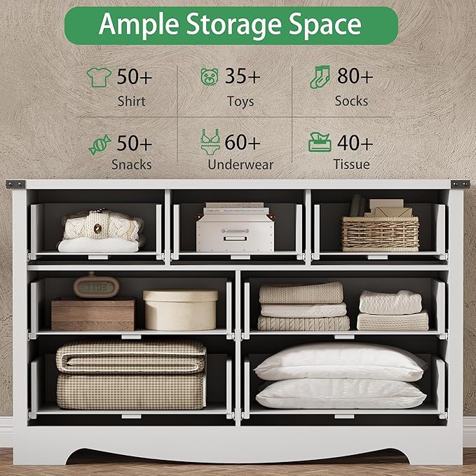 Dresser for Bedroom with 6 Drawers, 54" Wide Wood Chest of Drawers with Deep Drawers & Mental Handle, Modern Dresser TV Stand, Wooden Closet Storage Organizer for Living Room, Hallway, Entryway, White