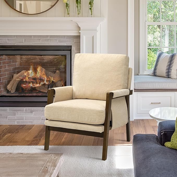 Beige Accent Chair for Bedroom & Living Room, Mid Century Modern Accent Arm Chair, Upholstered Anthropologie Accent Chair with Solid Wood Frame, Fabric