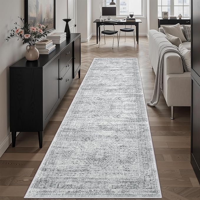Washable Runner Rug, 2'6" x 8' Non-Slip Kitchen Vintage Foldable Hallway Runners for Entryway, Laundry, Bedroom, Grey