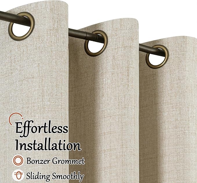 Beige 100% Blackout Curtains for Living Room 95 Inch Length 2 Panels Set, Thermal Insulated Light Blocking Faux Linen Curtains for Bedroom, Bronze Grommet Boho Window Drape Each 52" Wide