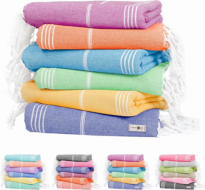 Native Fab 6 Pack Turkish Beach Towels, Oversized 40"x71", 100% Cotton, Thin & Lightweight, Quick-Dry, Sand-Free, Soft, Travel Friendly, Compact, Ideal for Pool, Spa, Gym, Beach - Multi 6 Colors