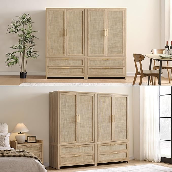 SICOTAS Larger Armoire Wardrobe Closet, 71" Tall Rattan Freestanding Wardrobe Closet Cabinet with Storage and 2 Drawers, Boho Armoire Clothes Organizer with Hanging Rod for Bedroom, Light Oak (2 PCS)
