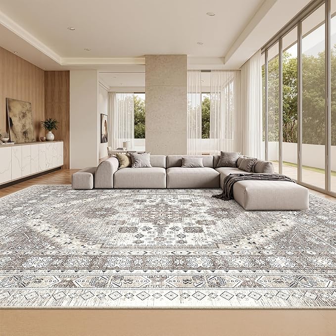zesthome 10x14 Area Rugs,Stain Resistant Washable Rug,Ultra-Thin Rugs for Living Room,Bedroom,Non-Slip Backing Home Decor Large Area Rug (Brown/Beige,10'x14')