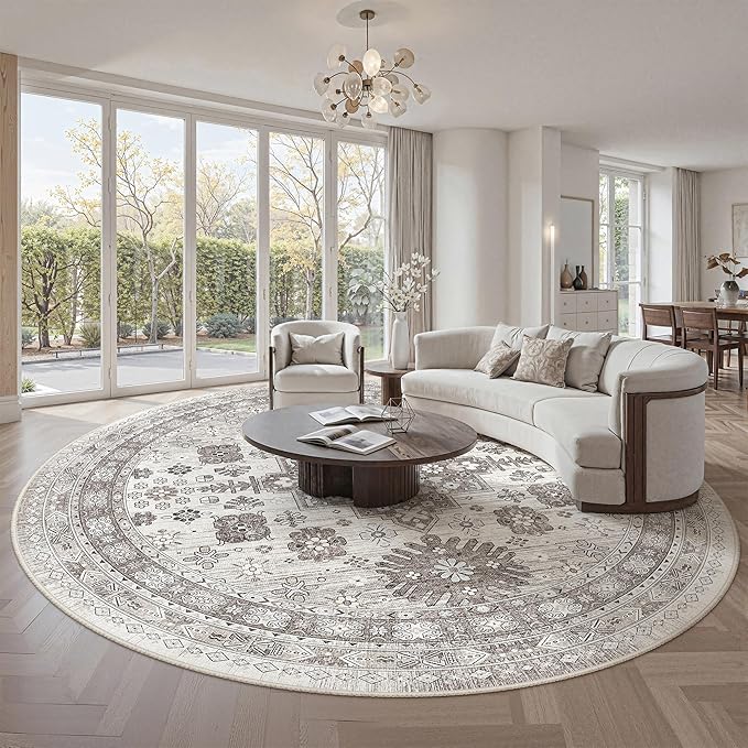 zesthome 8ft Round Rugs for Living Room, Non-Slip Washable Round Area Rugs, Ultra-Thin Large Circle Rugs, Soft Low Pile Rug for Bedroom, Kitchen - Vintage Stain Resistant Round Rug (Brown/Beige,8'x8')