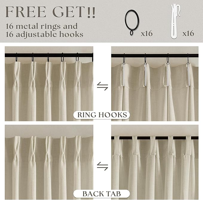 Linen Pinch Pleated Linen Curtains 2 Panels for Living Room Bedroom Memory Training Shaped Semi Sheer Pleat Drapes with Hooks Rings Light Filtering Window Curtain 40x80