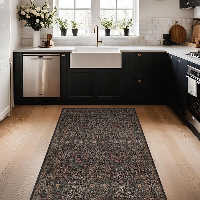 Boho Taupe Brown 3x5 Large Entryway Rug - Modern Vintage Golden Floral Oriental Neutral, Washable Low Pile Non-Slip Area Rugs for Door Mat Indoor Entrance, Kitchen, Laundry