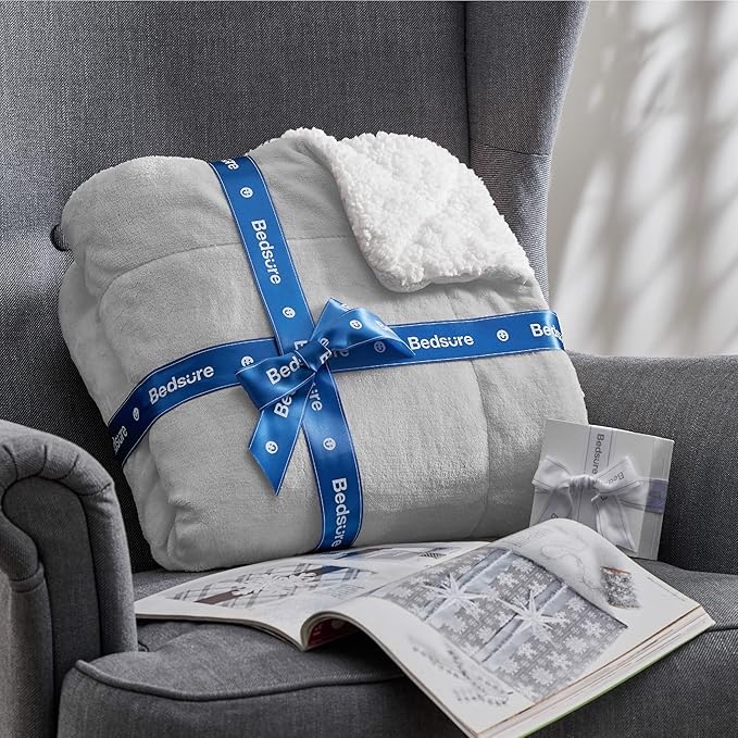 Bedsure GentleSoft Sherpa Fleece Blankets Queen Size for Bed - Thick and Warm Throw for Women and Men, Soft Fuzzy Plush Queen Blanket for Winter, Light Grey, 90x90 Inches