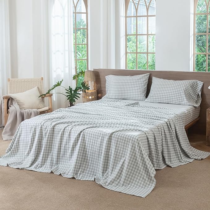 MooMee Gingham Sheet Set 100% Washed Cotton Linen Like Textured Breathable Soft w/Fully Elasticized 16-19" Deep Pocket (Classic Gingham Northern Droplet Grey, King)