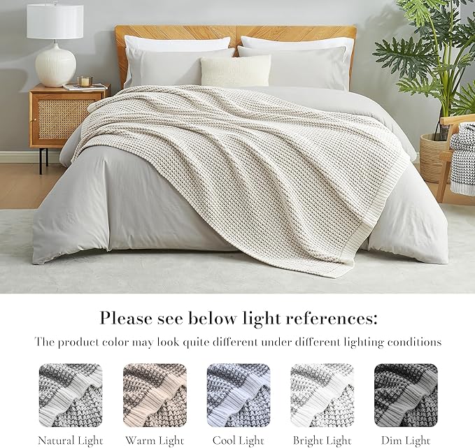 Amélie Home Waffle Chenille Throw Blanket for Couch, Pineapple Stitch Knit Soft Cozy Knit Blanket Decorative Throw for Sofa, Chair, 50"x60", Beige&Ivory