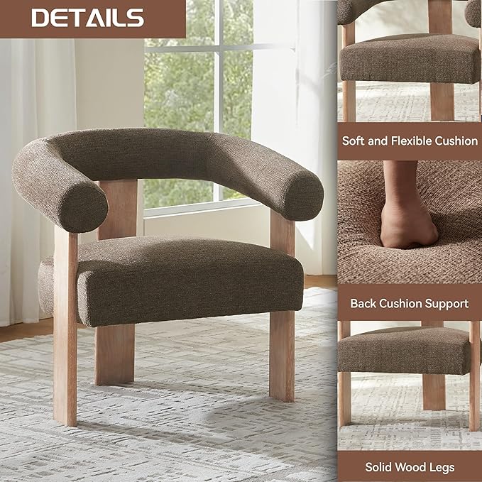 VKNOW Accent Chair Living Room Chairs Set of 2, Modern Upholstered Arm Chair with Solid Wood Legs, Comfy Barrel Accent Chairs for Living Room, Bedroom, Brown