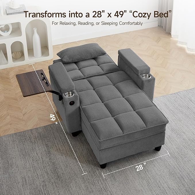 41.7" Chaise Lounge Chair Indoor, Oversized Boucle Upholstered Sofa Bed, Adjustable Backrest Deep Seat Reading Chair, Sofas Couches for Living Room with Storage, Cup Holders & 360° Swivel Side Table