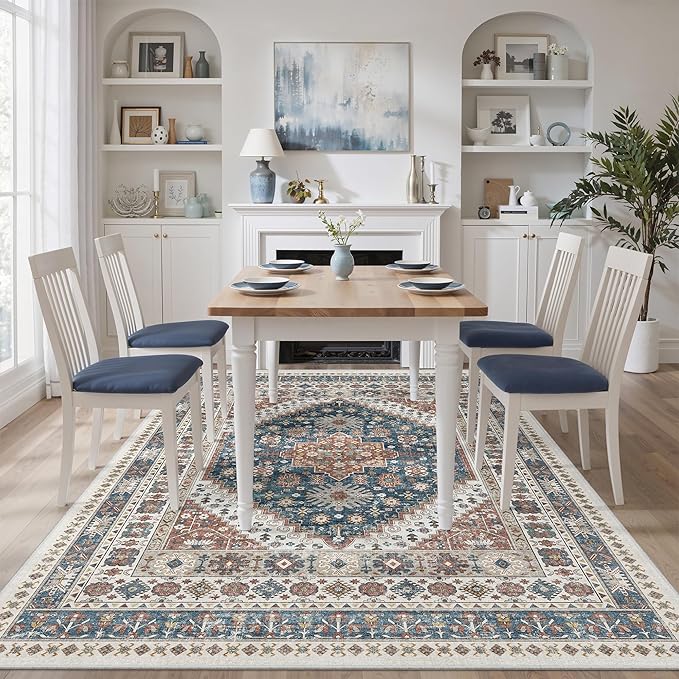 zesthome 6x9 Area Rug, Super Soft Washable Rugs for Living Room, Non-Slip Stain Resistant Vintage Rugs, Ultra-Thin Large Area Rugs (Navy Blue/Red,6'x9')