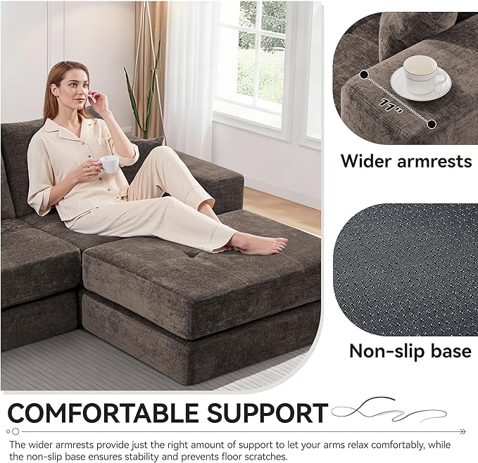 Boneless Sectional Loveseat Couch with Ottoman, Convertible Tufted Button Modular Floor Sleeper Sofa Bed, Comfy Foldable Compression Love Seat Sofa for Living Room, No Assembly, Brown