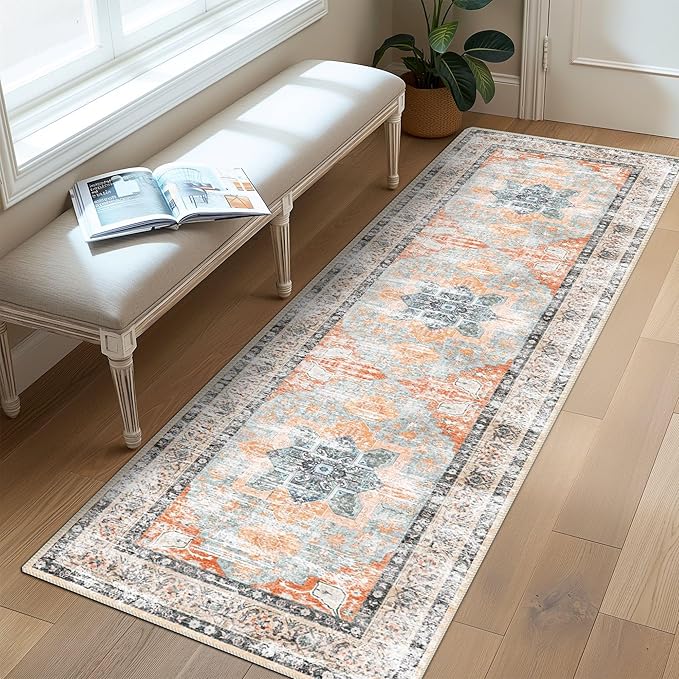 Runner Rug 2'x7' Vintage Washable Non-Slip Runners for Hallways Kitchen Entryway Laundry Room Floral Carpet Hallway Runner Orange