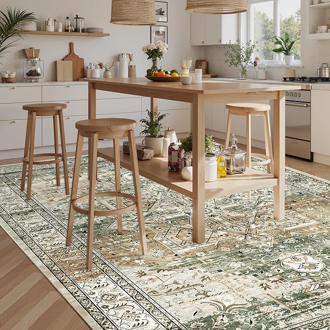 Washable Area Rug 8x10, Large Soft Rugs for Living Room Farmhouse Vintage Area Rugs for Bedroom Dining Room Non-Slip Stain Resistant Under Table Rug Olive Beige