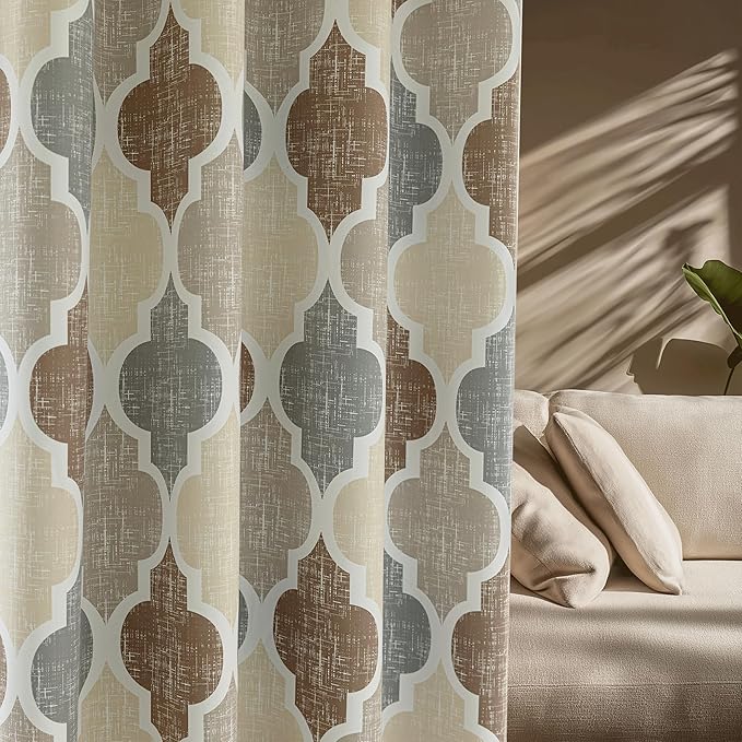 Beauoop 100% Blackout Curtains 63 Inches Long 2 Panels for Bedroom Living Room Brown Grey Moroccan Geo Room Darkening Thermal Insulated Soundproof Grommet Top Window Treatments Drapes, 50x63 Set of 2