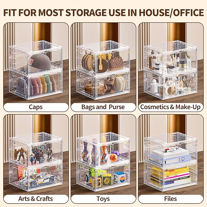 6 Pack XX Large Shoe Organizer, Heavy-Duty Hard Thicken Plastic Clear Stackable Shoe Storage Box Organizer for Closet, Space-Saving Shoe Rack Display Case Bin Containers for Sneakers, Clear