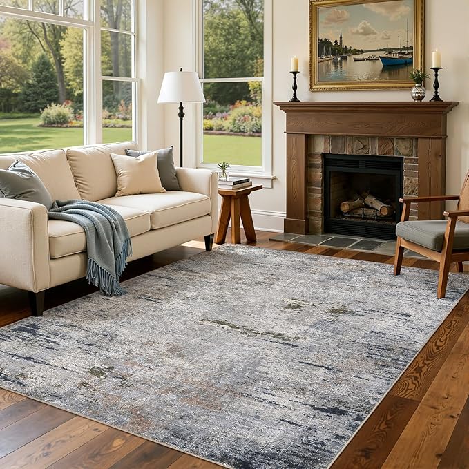 Area Rug Living Room Rugs - 5x7 Washable Large Soft Indoor Neutral Modern Abstract Low Pile Rug Carpet for Bedroom Dining Room Farmhouse Home Office - Blue/Grey/Brown