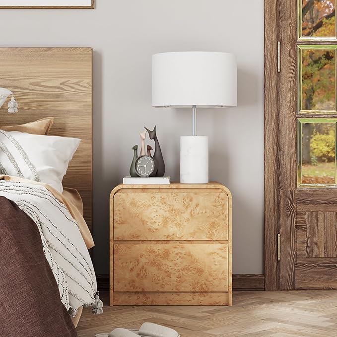 2 Drawer Farmhouse Nightstand with Rounded Edge, Modern Dresser Mid Century Side Table for Bedroom, Burl Finish, Natural