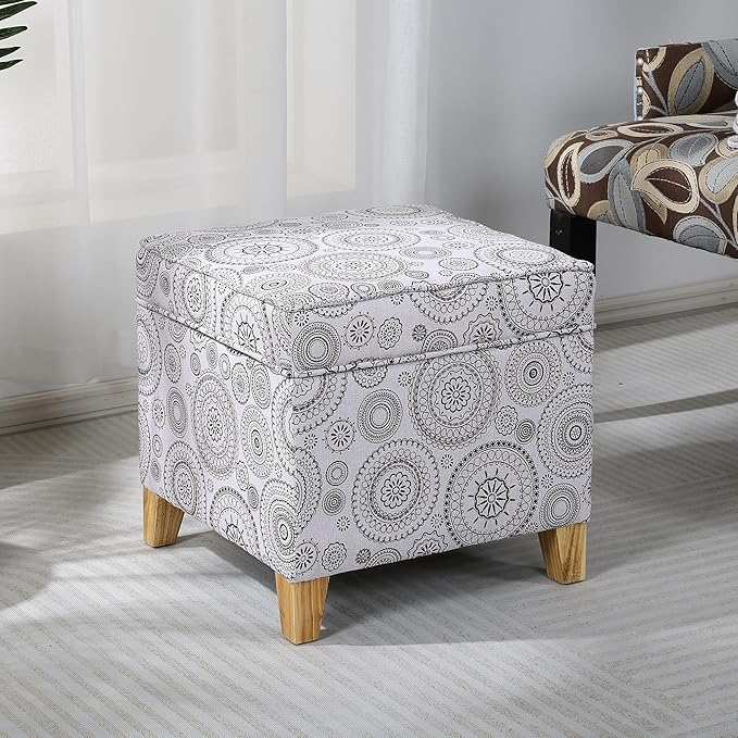 Adeco 17" Square Ottoman with Storage, Small Mandala-Persian Flower Pattern Storage Ottoman Foot Rest with Hinged Lid & Solid Wood Legs, Linen Fabric Foot Stool for Living Room & Bedroom