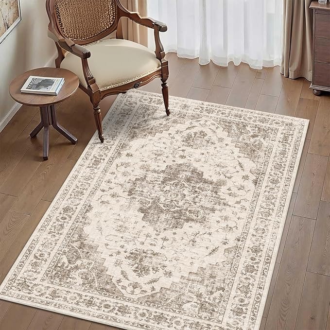 3x5 Vintage Washable Area Rugs Boho Medallion Large Distressed Retro Accent Carpet Floral Non-Slip Soft Low Pile Indoor Throw Rug for Living Room Bedroom Dining Room Office Kitchen, Taupe