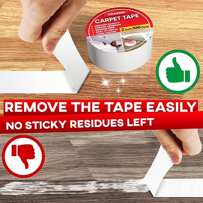 Carpet Tape Double Sided - Rug Tape Grippers for Hardwood Floors and Area Rugs - Carpet Binding Tape Strong Adhesive and Removable, Heavy Duty Stickers Grip Tape, Residue Free (2 Inch / 100 Yards)