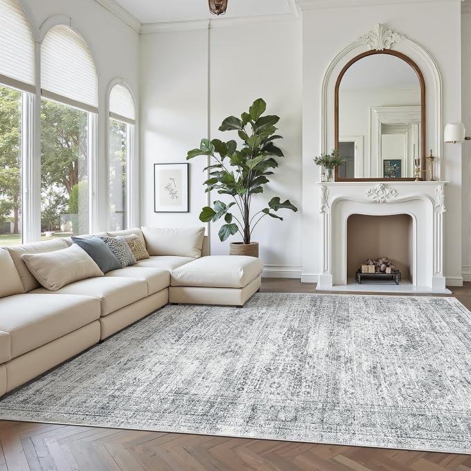 Washable Area Rug 8x10, Large Soft Rugs for Living Room Farmhouse Vintage Gray Area Rugs for Bedroom Dining Room Non-Slip Stain Resistant Under Table Rug Grey