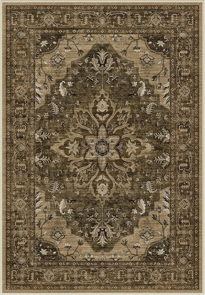 Area Rugs 2'x3' Washable Non-Slip, Floral Vintage Distress Print Pattern Medallion Carpet for Living Room Bedroom Dining Room, Brown Dark Brown