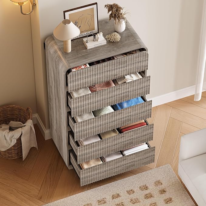 Tall Dresser for Bedroom with 5 Drawers, Fluted Chest of Drawers with Round Curved Corner, Hidden Handles, Modern Wood Storage Organizer for Bedroom, Nursery, Living Room