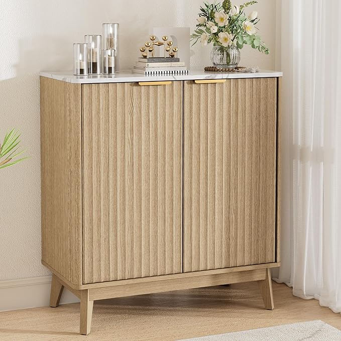 Sideboard Cabinet, Small Buffet Cabinet, Modern Fluted Storage Cabinet with Faux Marble Top & Adjustable Shelf, Accent Credenza Sideboard for Kitchen, Living Room, Entryway