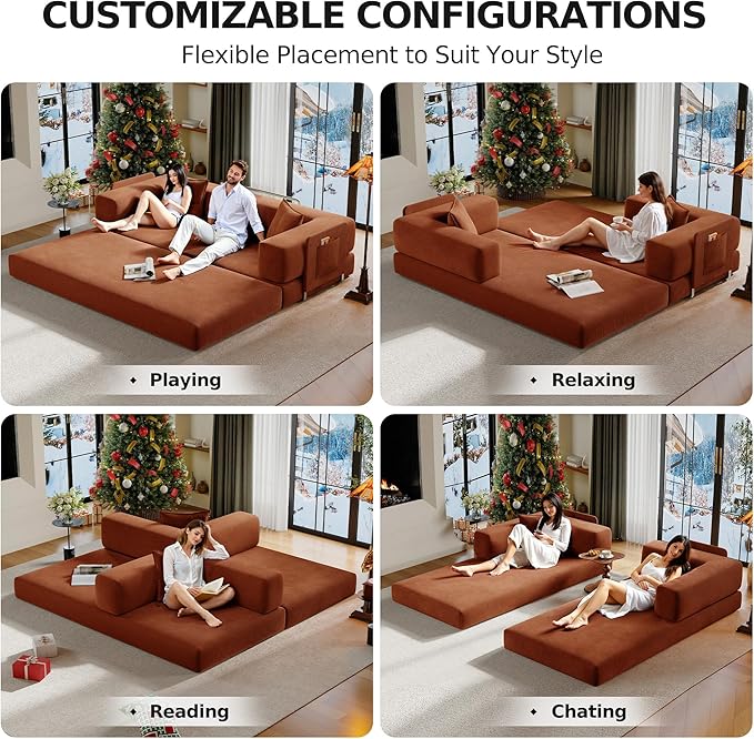 78.8" Convertible Futon Sofa Bed,Corduroy Futon Couch with Storage Pocket,Folding Pull Out Sofa,No Assembly Boneless Couch for Living Room,Orange