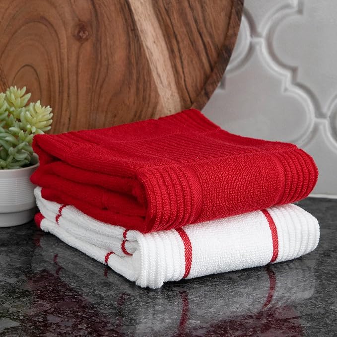 T-Fal Solid & Checked Parquet Kitchen Towels: Highly Absorbent, Super Soft Long Lasting - 100% Cotton, 16"x26" Dish Towels for Cleaning & Drying Dishes, Pans, Glassware, or Countertops, (2-Pack), Red