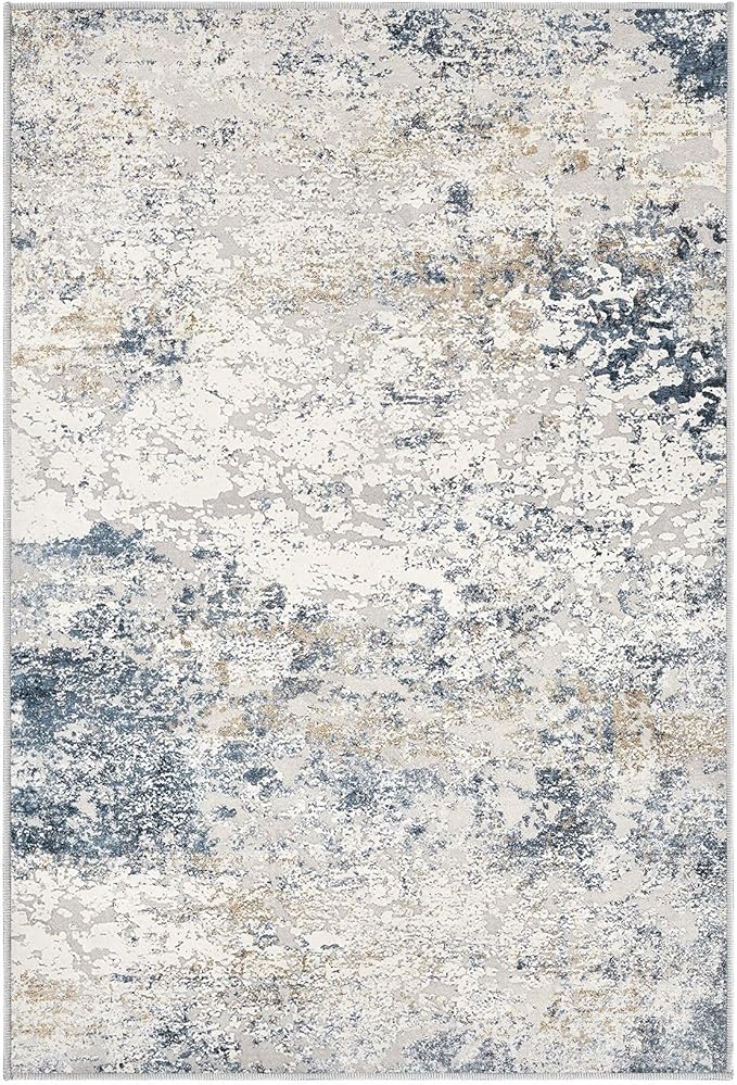 2x3 Entryway Area Rug: Washable Neutral Modern Abstract Small Rug - Non-Slip Low Pile Throw Indoor Carpet for Entrance Kitchen Front Door Mat Bathroom Entry Kids Room - Beige Blue