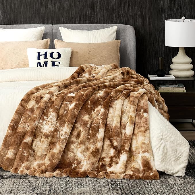 Cozy Bliss Faux Fur Throw Blanket for Couch, Fuzzy Soft Plush Thick Striped Blanket for Sofa Bedroom Living Room, 50 * 60 Inches Tie-dye Brown
