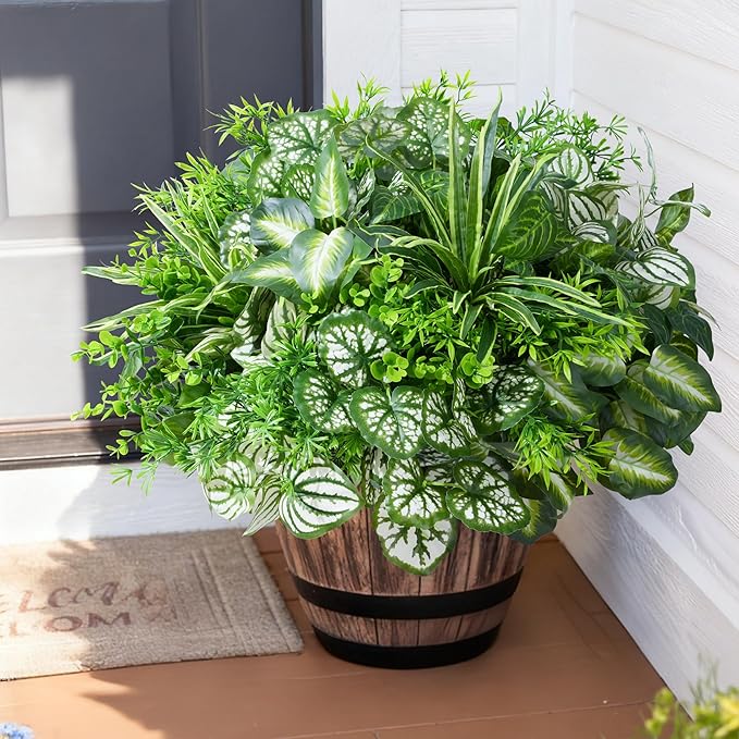 Artificial 20pcs Bunches Greenery Plants Fake Plastic Leaves with Stems UV Resistant Outside Faux Plants Bushes for Outdoor Patio Garden Front Porch Yard Decor