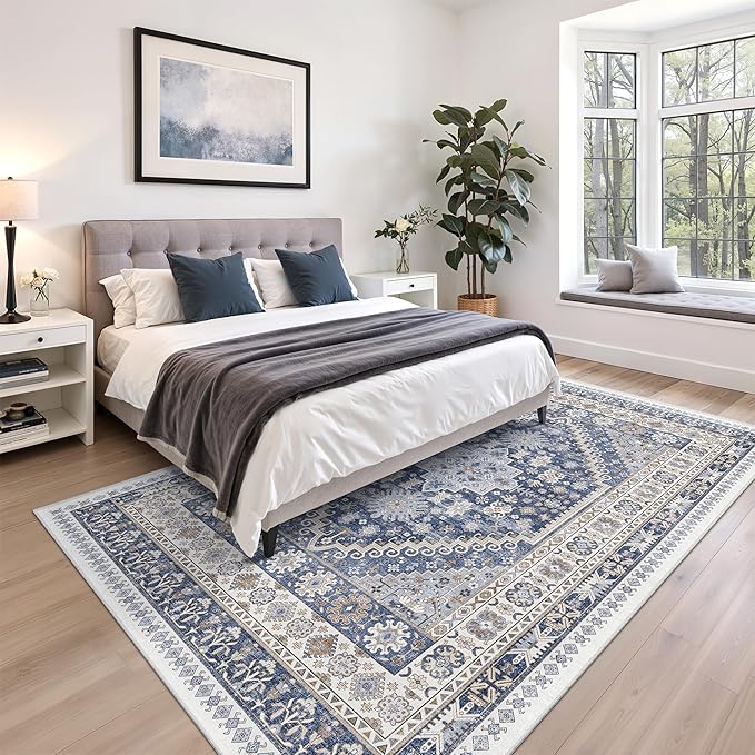 zesthome 6x9 Area Rug, Super Soft Washable Rugs for Living Room, Non-Slip Stain Resistant Vintage Rugs, Ultra-Thin Large Area Rugs (Blue/Beige,6'x9')
