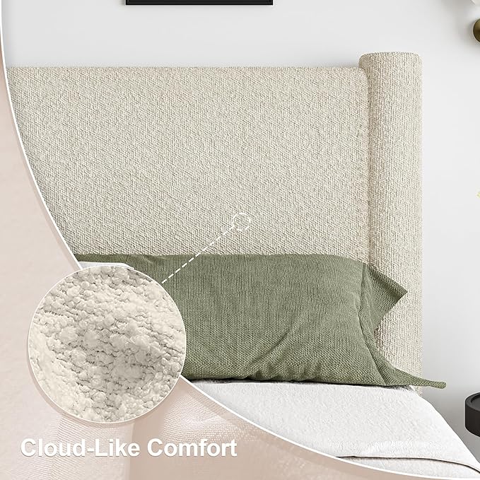 Queen Size Bed Frame, Boucle Upholstered Platform Bed with Headboard and Footboard, Soft Rounded Corners, No Box Spring Required, Easy Assembly, Cream
