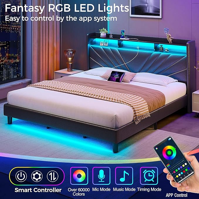 Rolanstar King Size Bed Frame, Storage Headboard with Charging Station and LED Lights, Upholstered Bed with Heavy Duty Wood Slats, No Box Spring Needed, Noise Free, Easy Assembly, Black